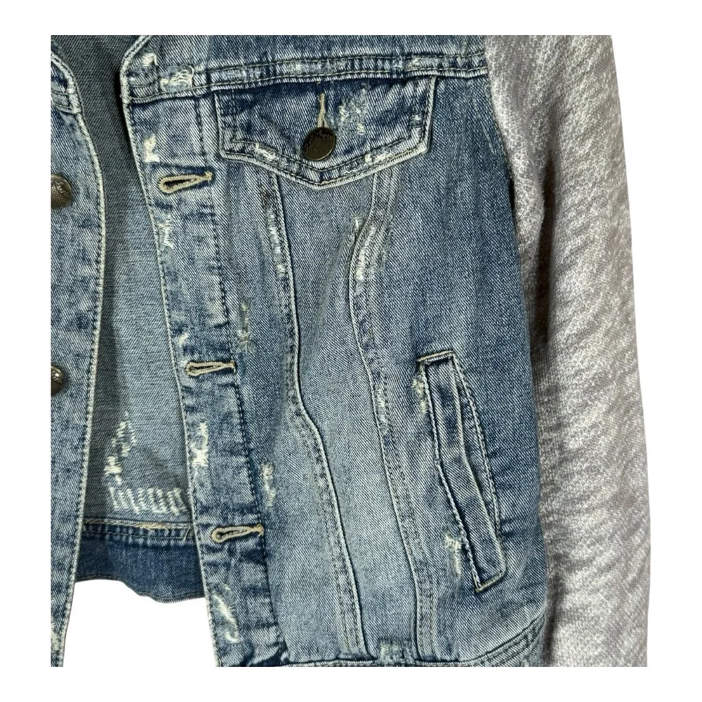 Free People Distressed Denim Jean Jacket With Gray Knit Long Sleeves Size XS - Picture 5 of 13